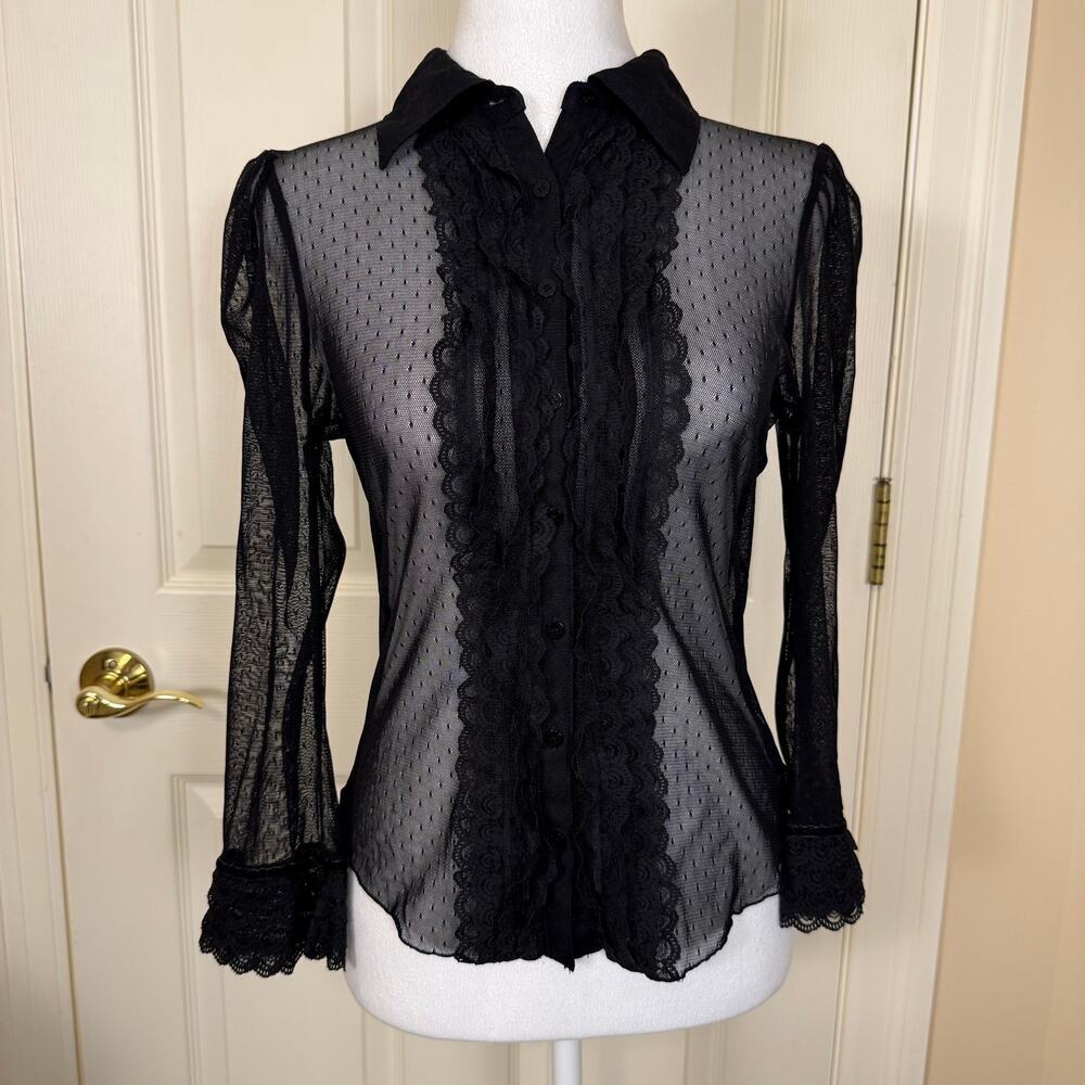 Vintage Y2K Guess Jeans Black Mesh Button Down Top Whimsigoth Goth Medium EUC - Picture 2 of 7